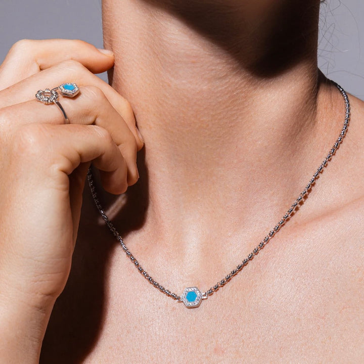 Deco Necklace in Silver With Blue, Turquoise & Pavé