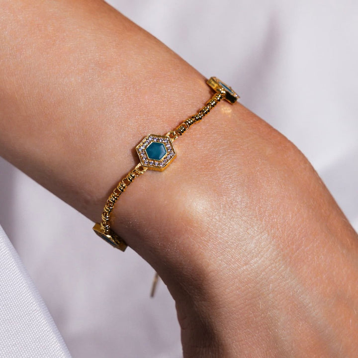 Deco Statement Bracelet in Gold With Green, White & Pavé