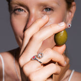 Deco Statement Ring in Silver With Coral & Pavé
