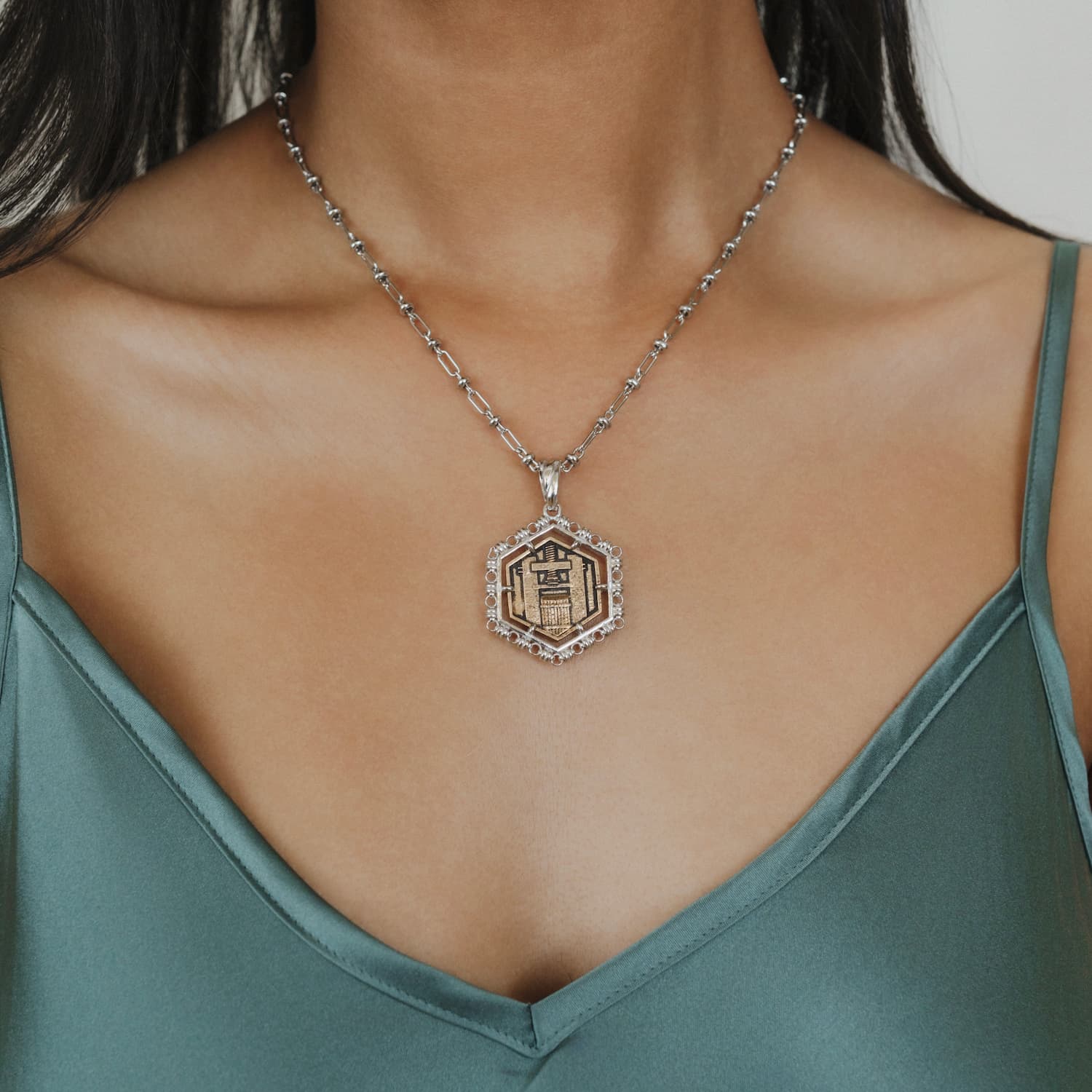 Hexagon Filary Pendant in Silver with Antique Bronze Grape Tile