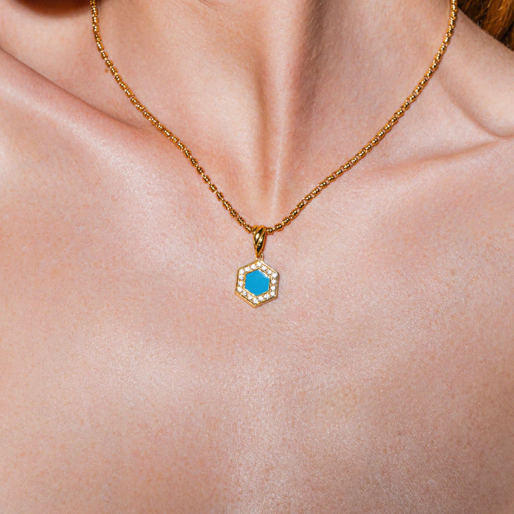 Deco Pendant in Gold With Blue, Turquoise & Pavé