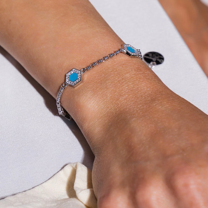 Deco Statement Bracelet in Silver with Blue, Turquoise & Pavé