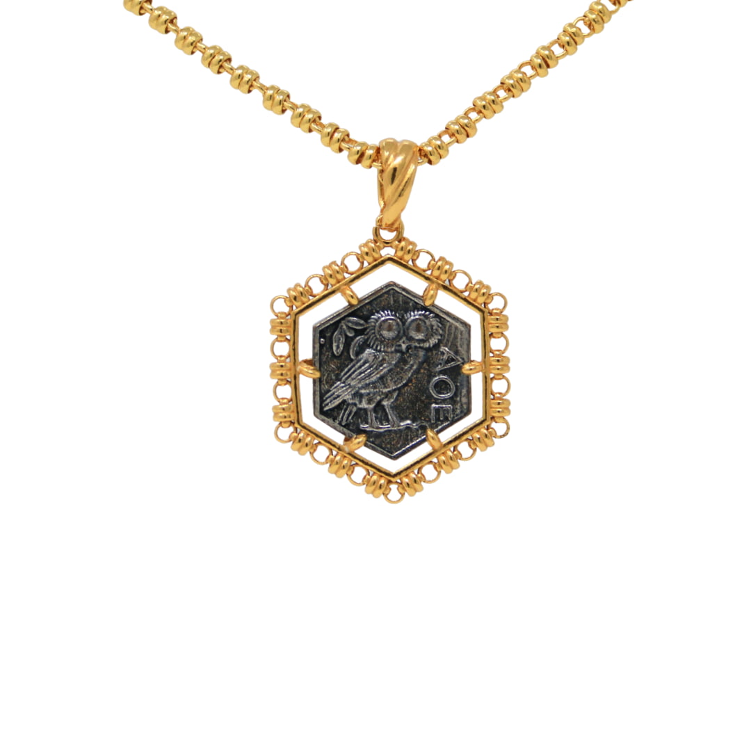 Hexagon Filary Pendant in Gold with Antique Silver Owl Tile
