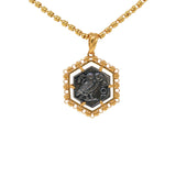 Hexagon Filary Pendant in Gold with Antique Silver Owl Tile