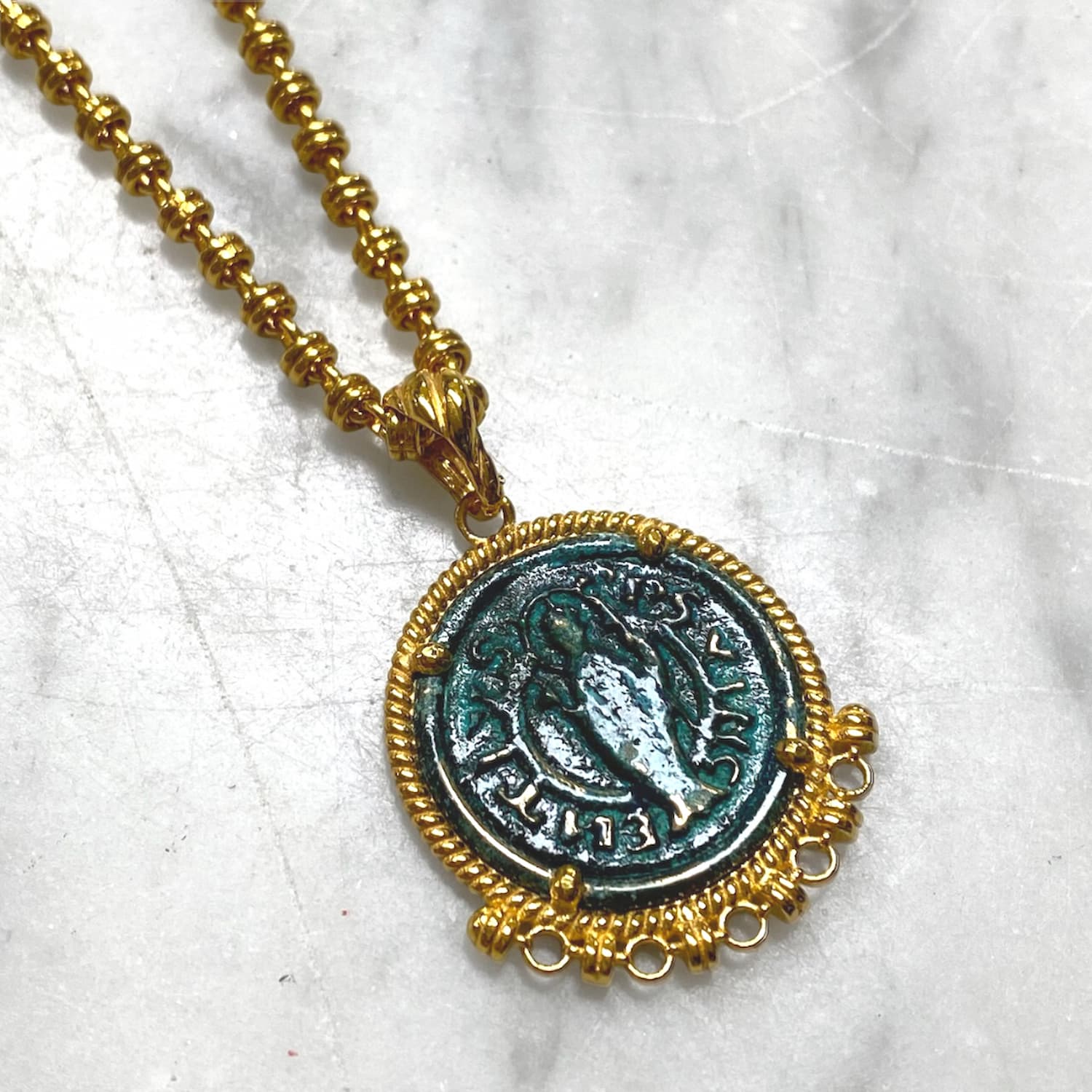 Demi Cortona Coin Pendant in Green and Gold