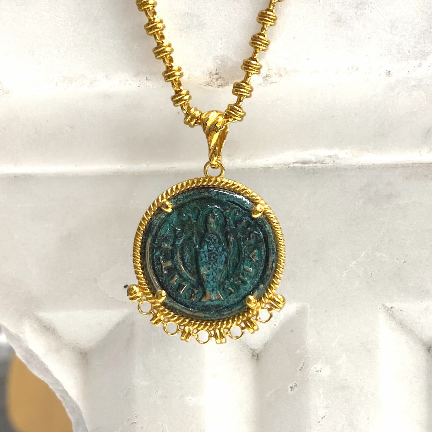 Demi Cortona Coin Pendant in Green and Gold