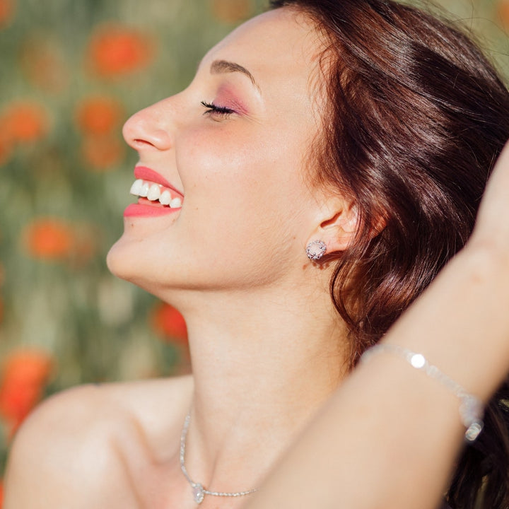 Mini Filary Stud Earrings in Silver with Rose Quartz