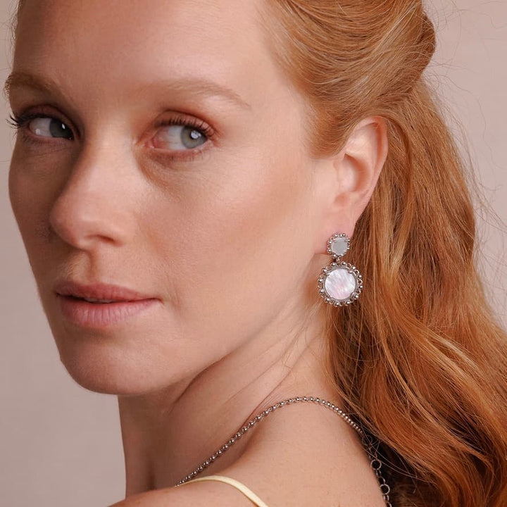Statement Piazza Stud Earrings in Silver with Mother of Pearl