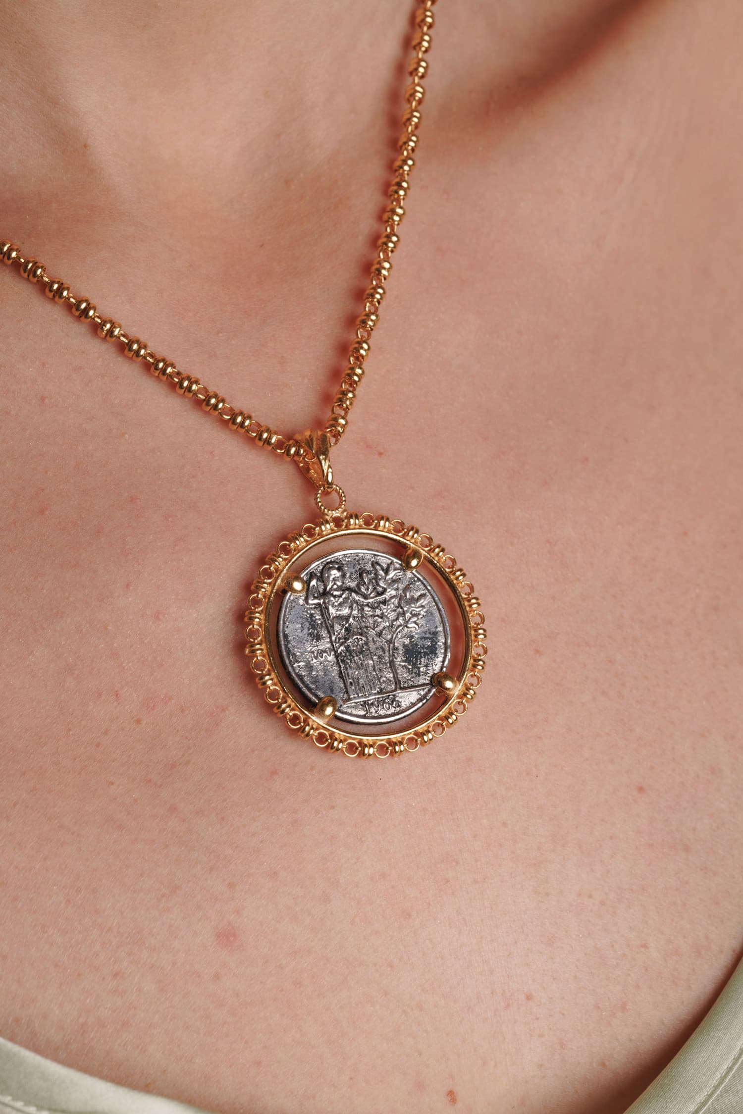 Large Filary Pendant in Antique Silver & Gold with Italia Coin