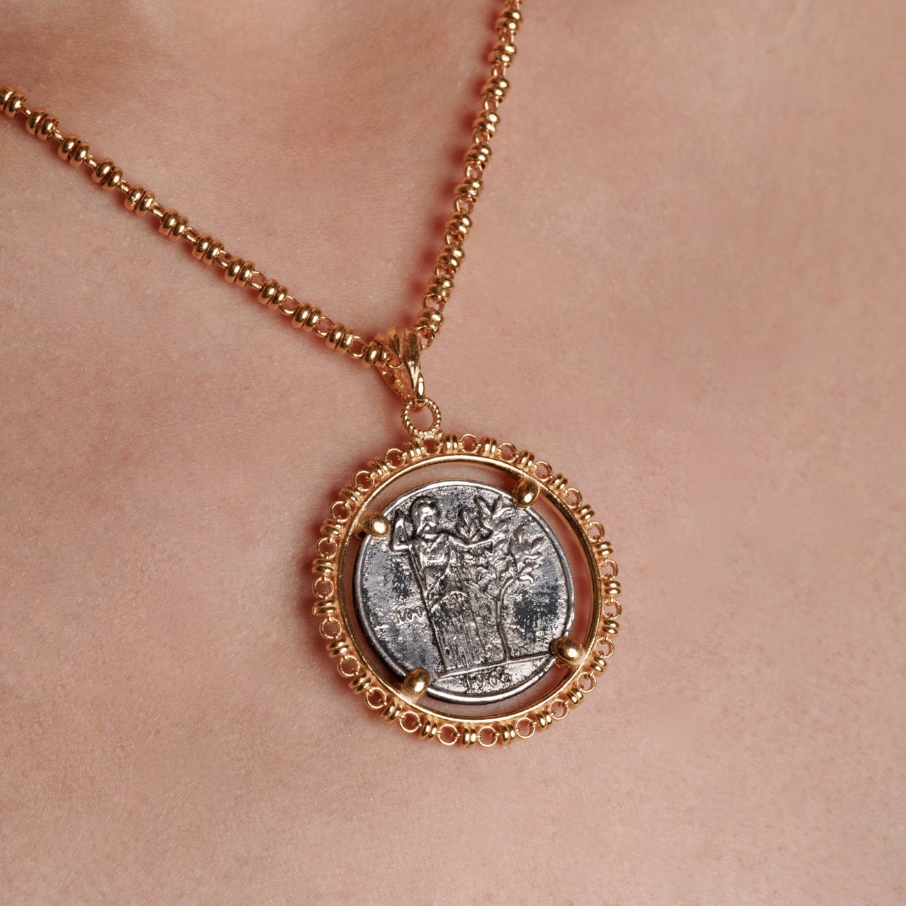 Large Filary Pendant in Antique Silver & Gold with Italia Coin