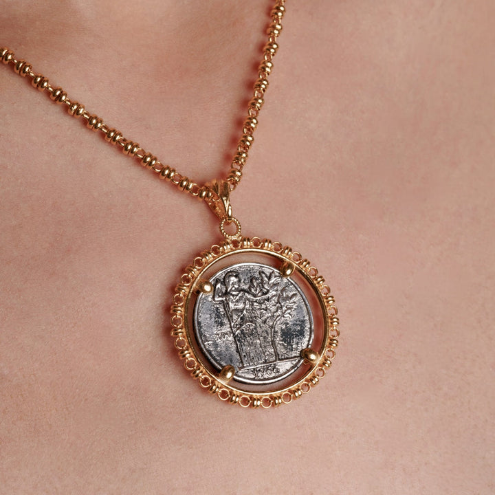 Large Filary Pendant in Antique Silver & Gold with Italia Coin