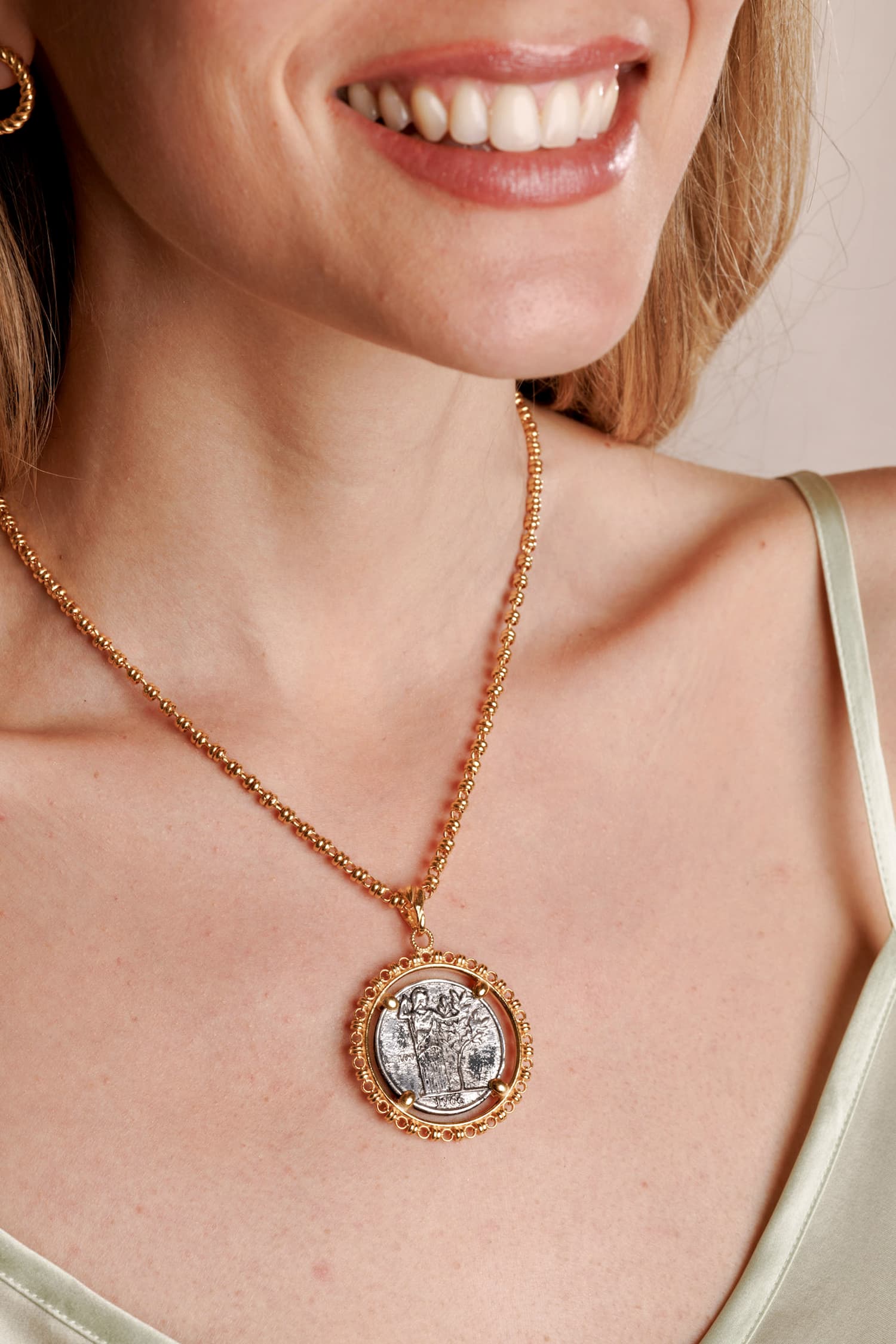 Large Filary Pendant in Antique Silver & Gold with Italia Coin